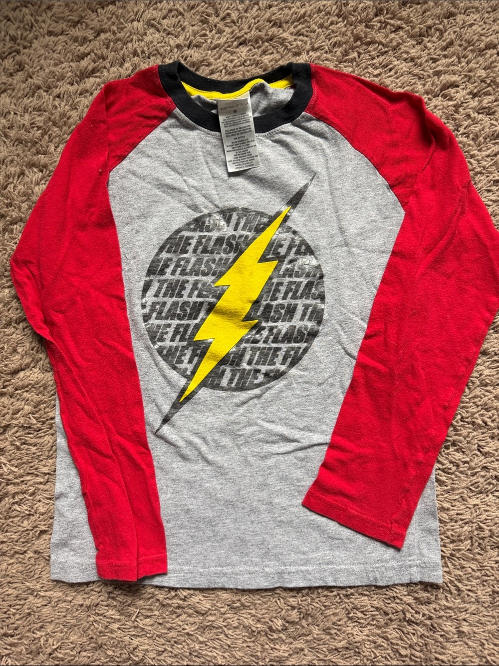 Kids Long-Sleeve Raglan Tee with Yellow Lightning Bolt - Red & Gray